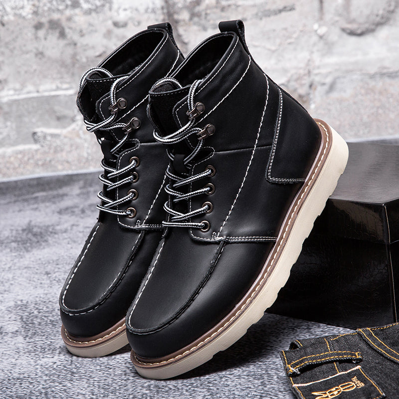 Brown waterproof men's chukka boots on a stone path, emphasizing their grip and outdoor readiness