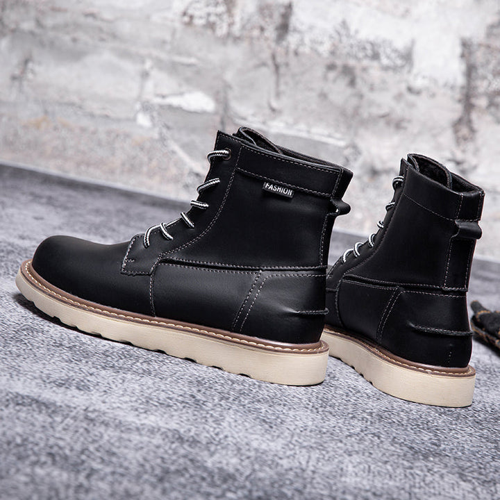 Black men's waterproof chukka boots with a detailed view of the sole's strong grip for durability