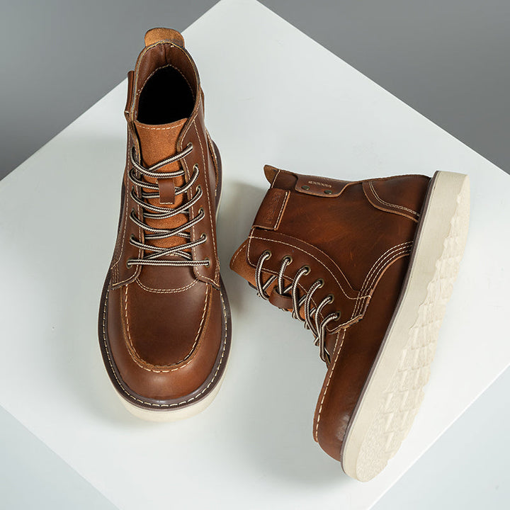 Detailed shot of the stitching on a durable brown waterproof men's chukka boot