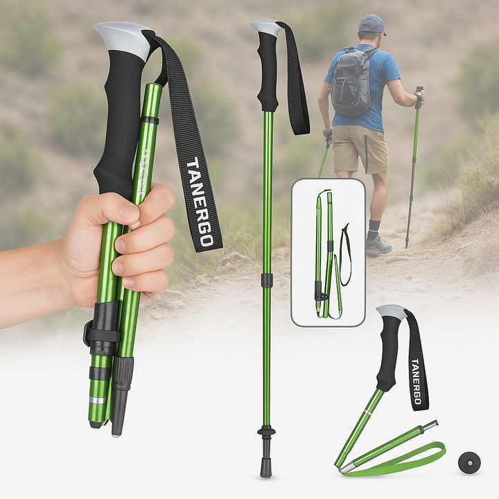 Collapsible trekking poles, lightweight & compact for easy transport during hikes.