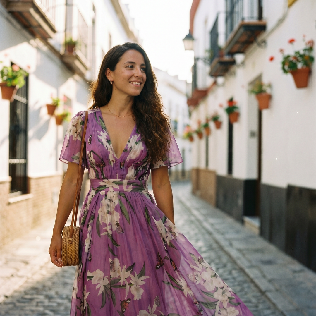 Stylish long sleeve floral maxi dress for women featuring a V-neck, ideal for elegant spring fashion.
