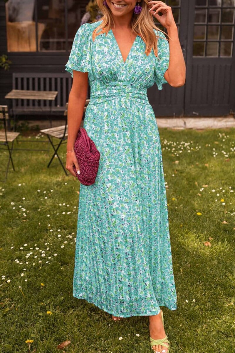 Beautiful floral wedding guest maxi dress, perfect women's elegant summer party attire.