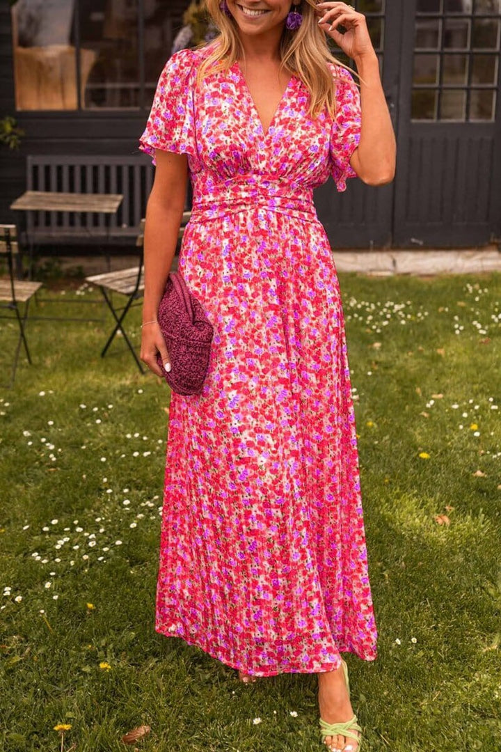 Sophisticated V-neck floral maxi dress, an elegant long dress for women's special occasions.