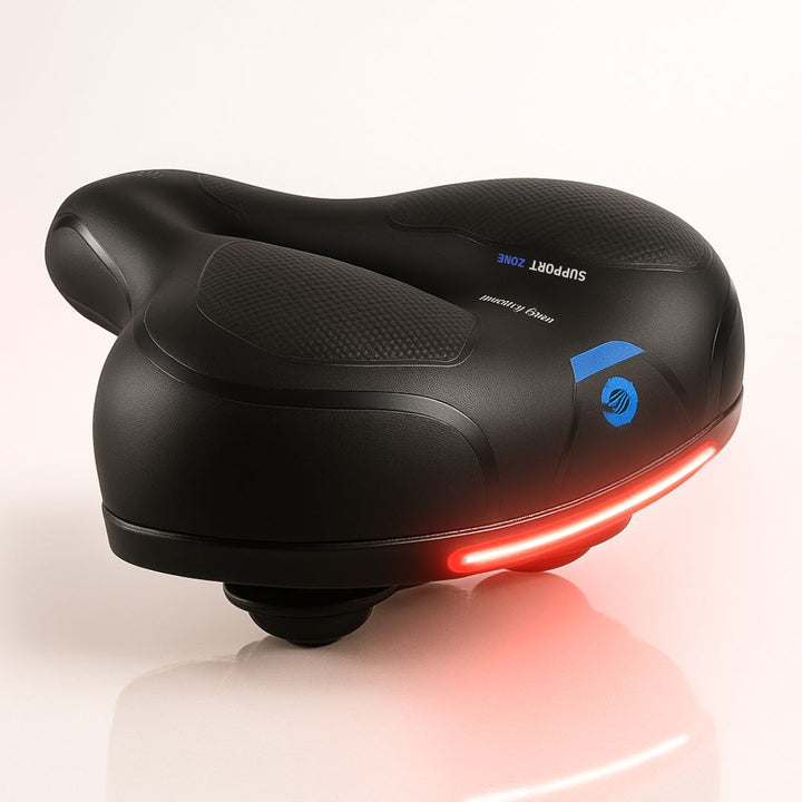 Yellow bicycle seat designed for ultimate comfort. Integrated suspension & ergonomic unisex saddle for cycling enjoyment.
