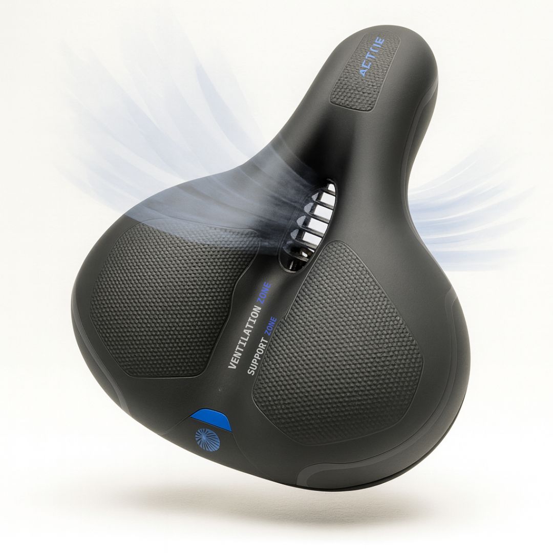 Red unisex comfortable bicycle seat, ergonomic design with integrated suspension & reflective details for safe cycling.
