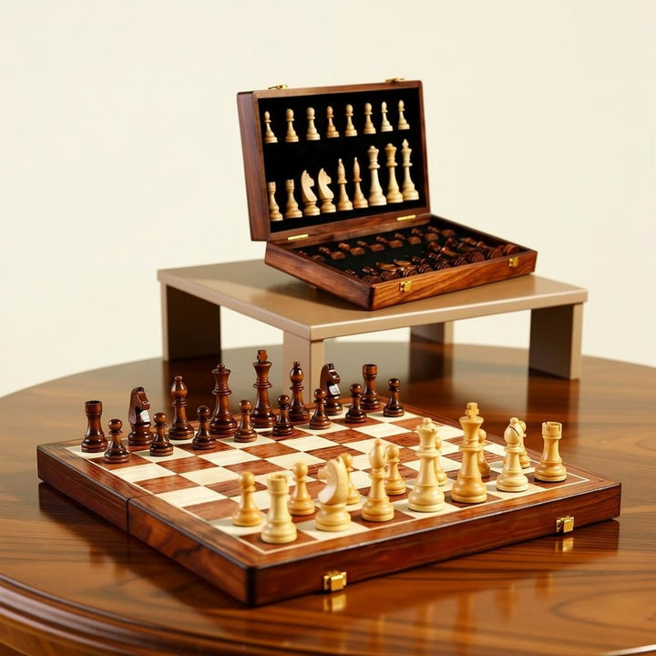Classic wooden chess set with all pieces arranged on the open, foldable board, ready for a strategy game.