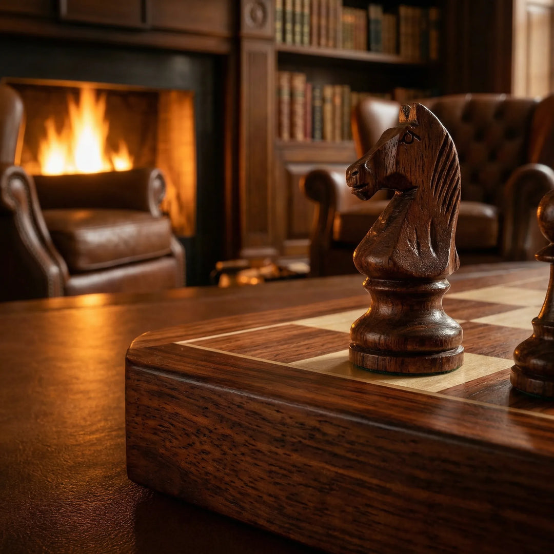 Beautifully arranged wooden chess pieces on a finely crafted solid wood board, an elegant display piece.