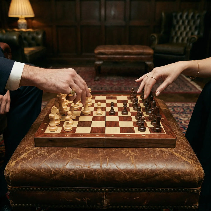 Hands moving a piece on a classic wooden chess board; perfect for strategy game nights & brain training.