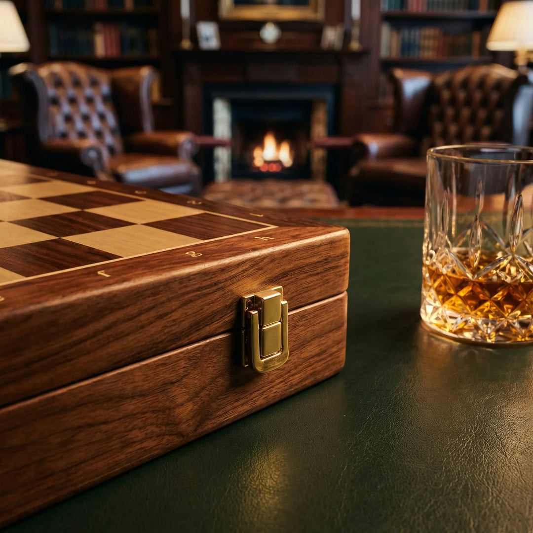 Detail shot of the smooth, classic wooden chess board texture, highlighting its premium solid wood quality.