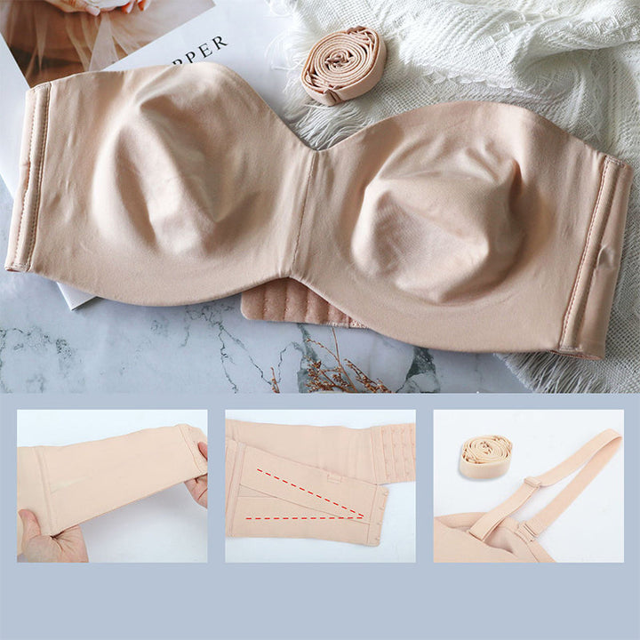 Soft, seamless bandeau bra for women with removable straps, ensuring comfortable, smooth invisible support.