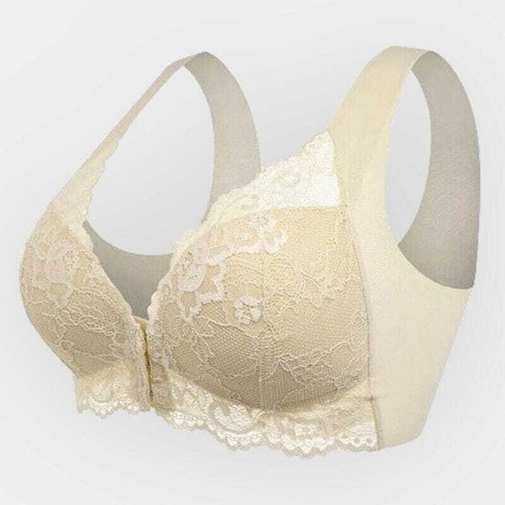 Stylish women's seamless lace sports bra with easy front closure. Wireless comfort & support for yoga, gym & daily use.