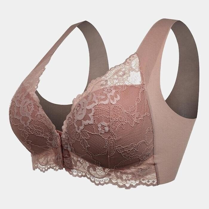 Mireya women's seamless lace sports bra. Front closure, wireless, offers posture support for yoga & daily comfort.