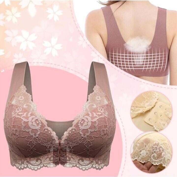 Comfortable women's seamless lace sports bra with front closure, wireless support for yoga, fitness & everyday wear.
