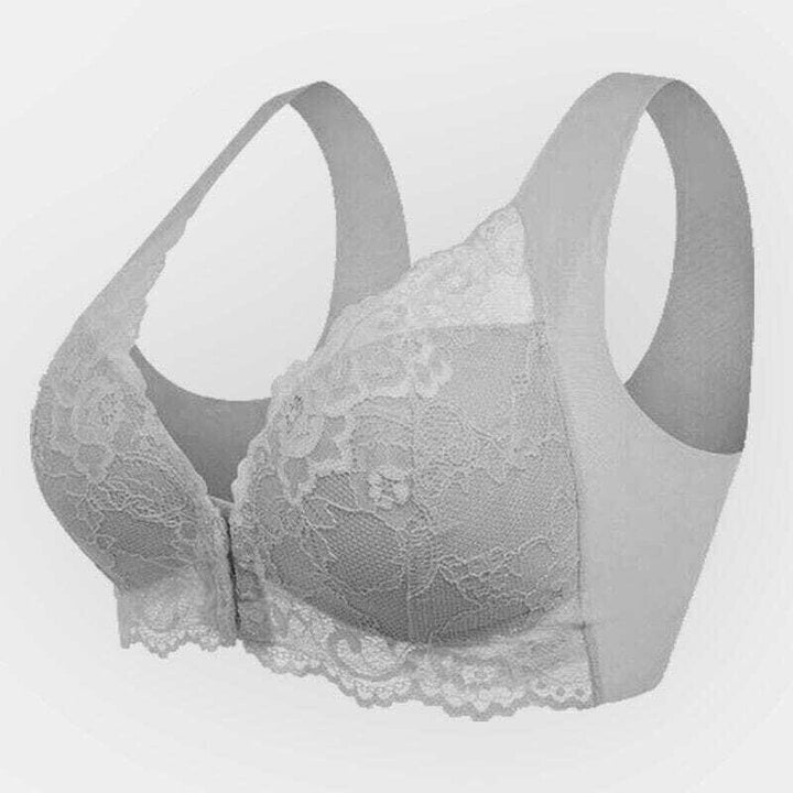 Soft women's seamless lace sports bra with front closure. Comfortable activewear, great for yoga, fitness & lingerie.