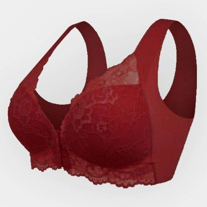Close-up of a women's seamless lace sports bra, showing front closure detail. Comfortable, wireless for daily wear.
