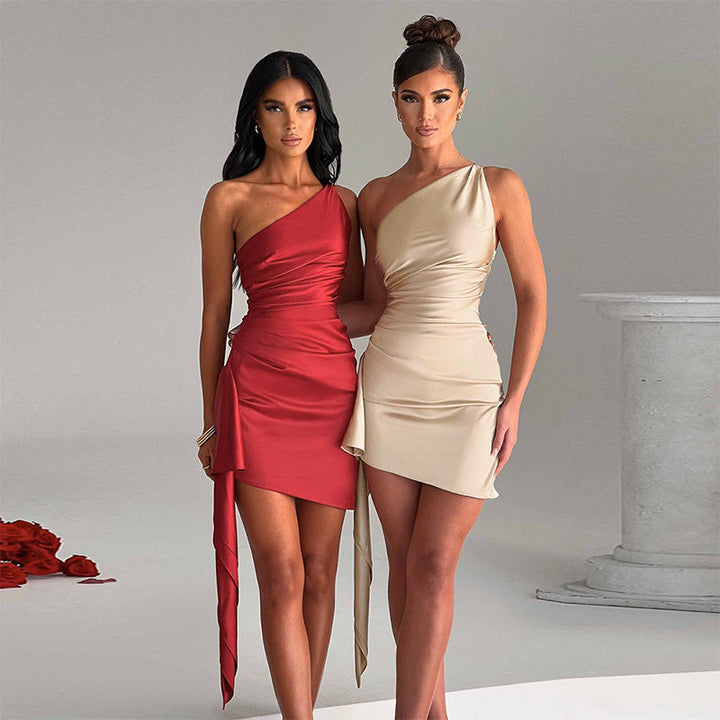 Seductive women's one-shoulder mini dress. Elegant cocktail & party dress for special occasions.