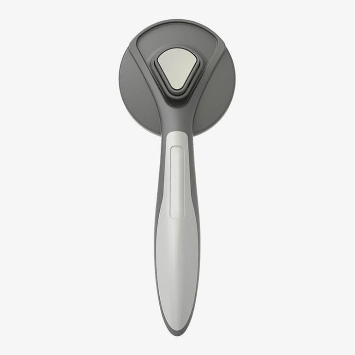 Ergonomic pet deshedding comb with self-cleaning button for dogs & cats. Essential grooming tool for fur removal.