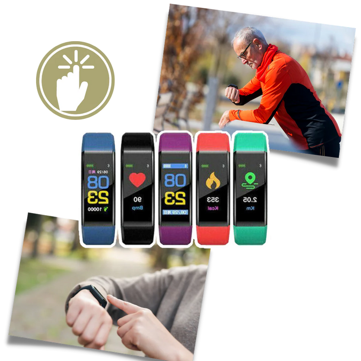 Senior-friendly smartwatch with health features, LED screen, real-time monitoring, waterproof, in Black, Blue, Green, or Purp
