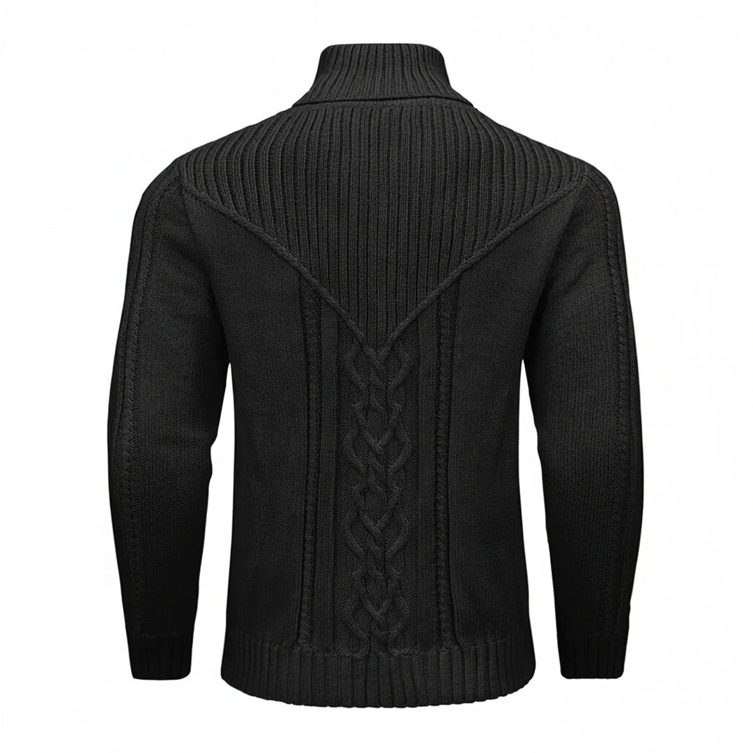 Elegant men's shawl collar cable knit sweater. Perfect for stylish, warm winter outfits.