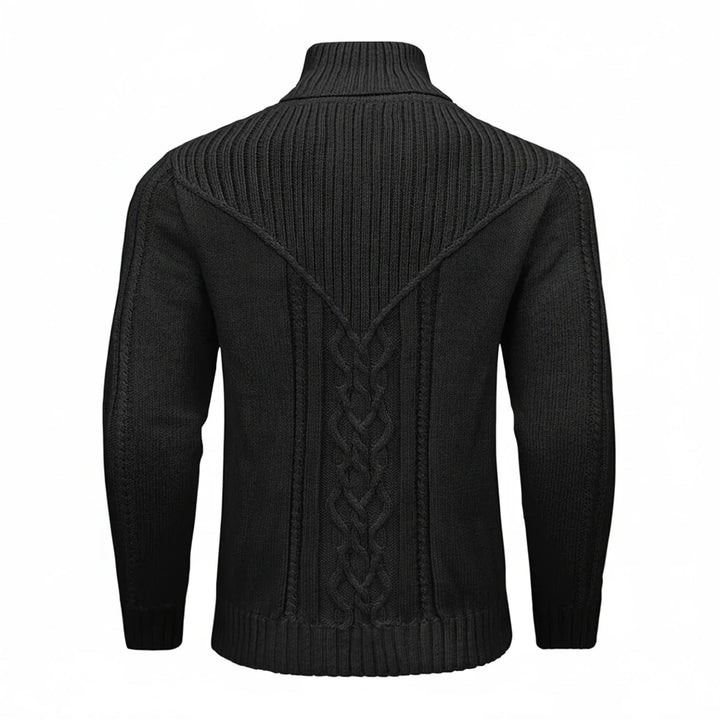 Elegant men's shawl collar cable knit sweater. Perfect for stylish, warm winter outfits.