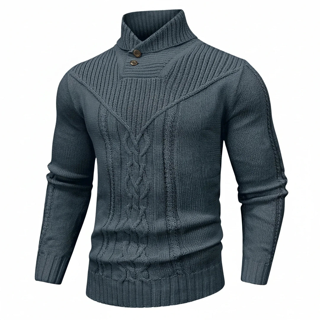 Men's classic shawl collar cable knit sweater in a cozy, warm design.