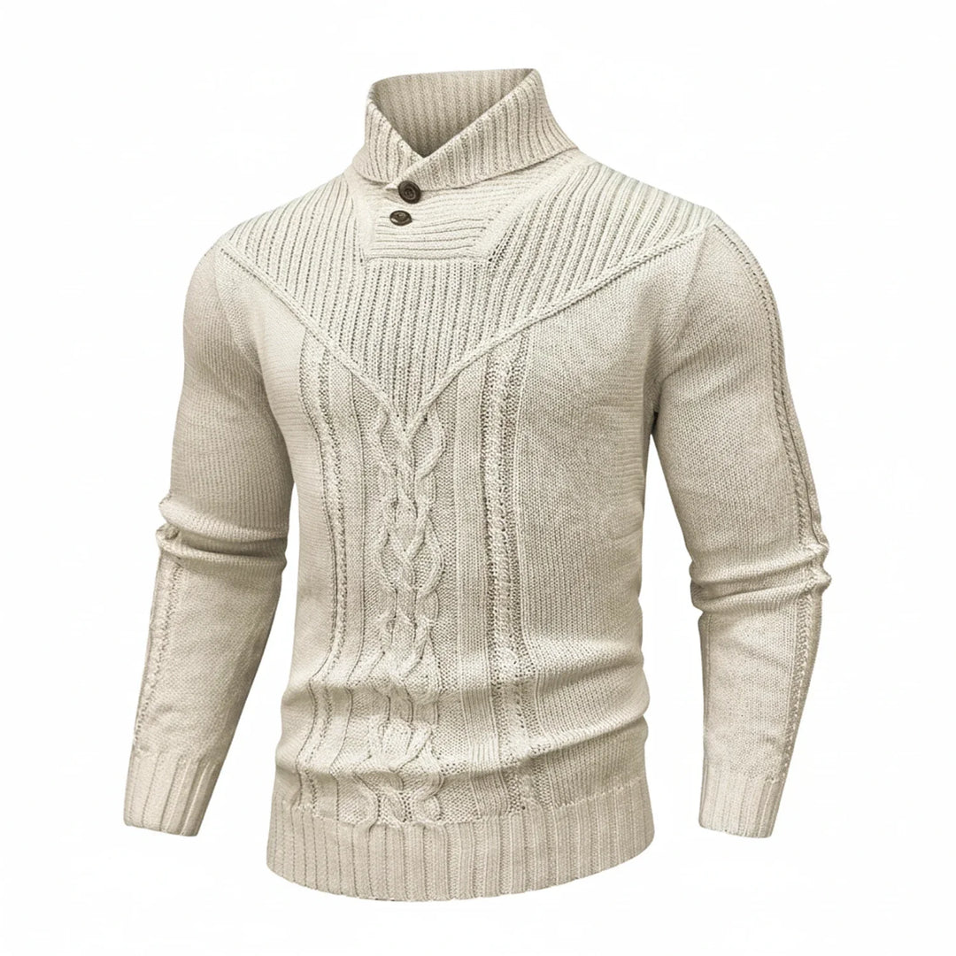 Textured men's cable knit sweater with a sophisticated shawl collar for classic winter style.