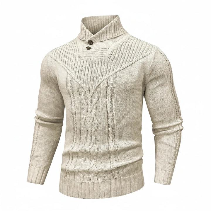 Textured men's cable knit sweater with a sophisticated shawl collar for classic winter style.