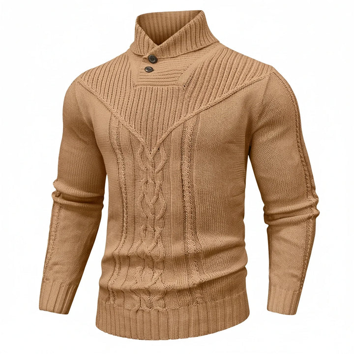 Warm & cozy men's shawl collar cable knit sweater, essential knitwear for cold weather.