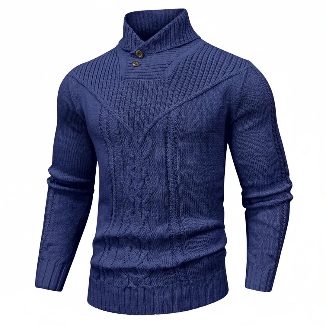 Stylish men's cable knit sweater with a classic shawl collar, perfect for versatile winter fashion.