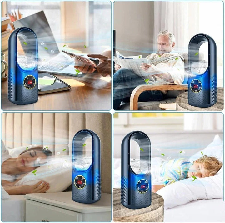 Silent portable air conditioner with sleek, blade-free design, shown in chic white and blue. Ideal for home and office use.