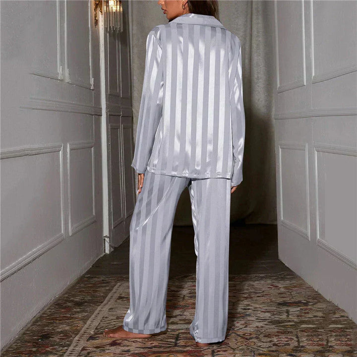 Silky sleepwear set for women. Soft two-piece pajamas offering luxurious comfort and elegant nightwear.