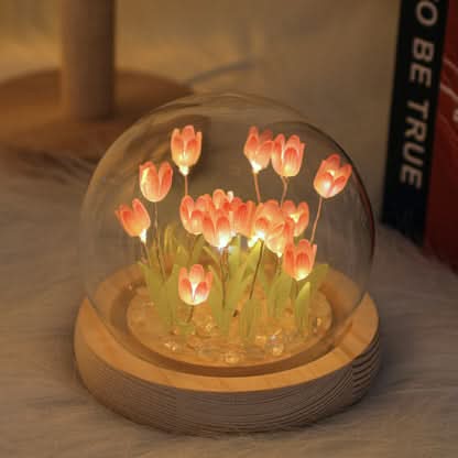 Warm LED tulip night light for kids' rooms, creating a soothing bedroom ambiance.