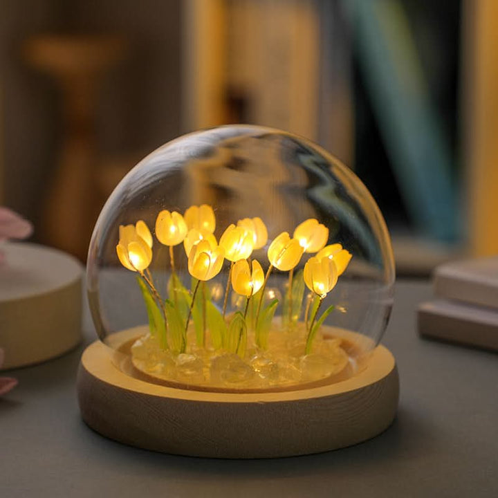 Soothing warm glow tulip night light, perfect LED table lamp for a cozy kids' room or bedroom.