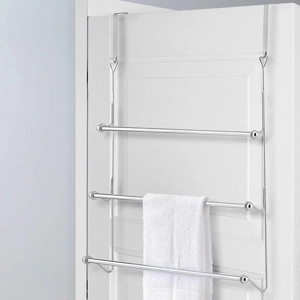 "Sleek metal over door towel bar rack with four rods, maximizing bathroom space for towel storage and organization."