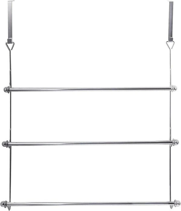 "Sleek metal over door towel bar rack with four rods, maximizing bathroom space for towel storage and organization."