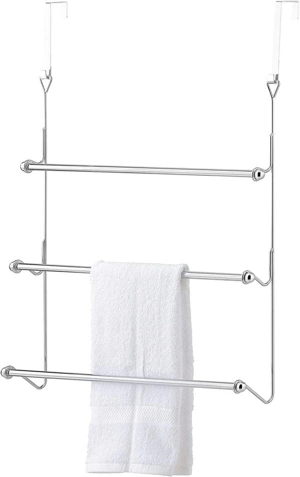 "Sleek metal over door towel bar rack with four rods, maximizing bathroom space for towel storage and organization."