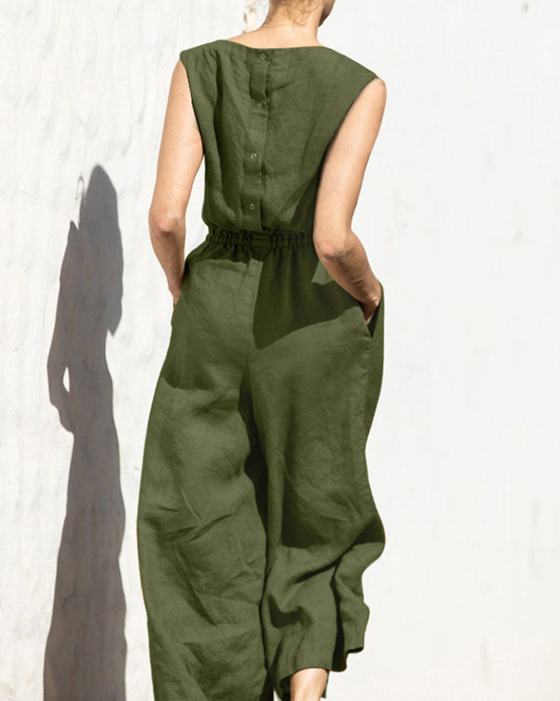 Comfortable women's sleeveless wide leg jumpsuit, perfect for casual summer fashion. Elegant versatile apparel.