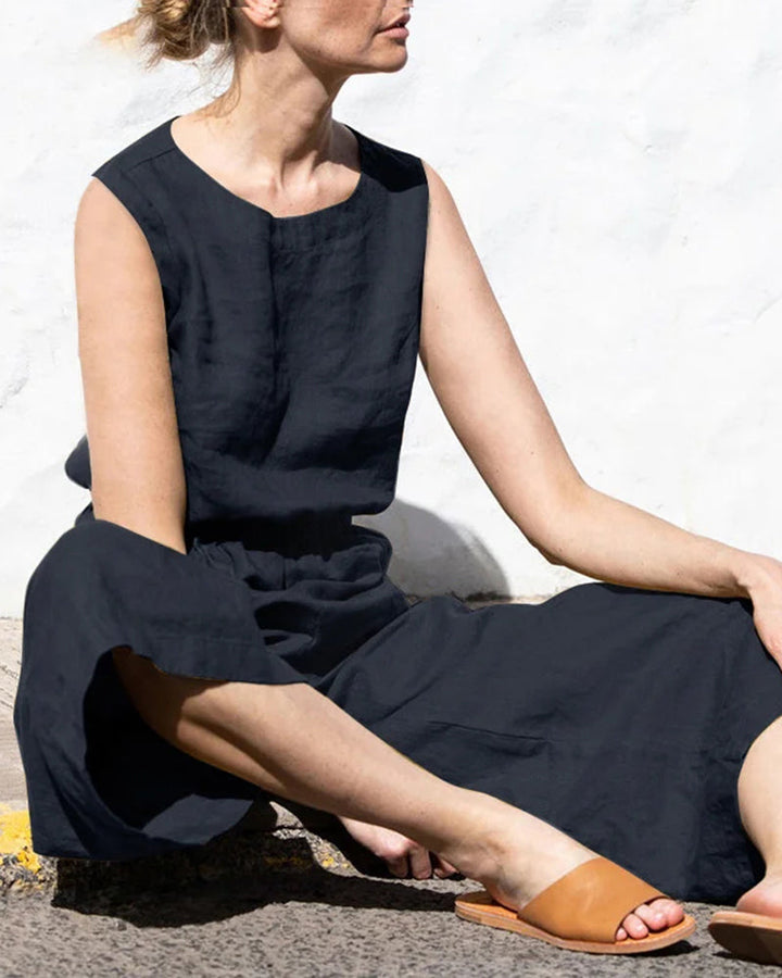 Front view of women's sleeveless wide leg jumpsuit, a comfortable and chic one-piece for summer fashion.
