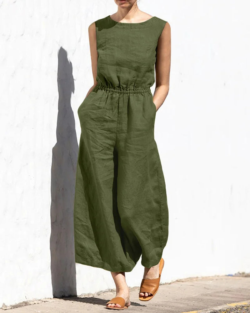 Women's sleeveless wide leg jumpsuit. Effortless style, comfortable & chic one-piece summer apparel.