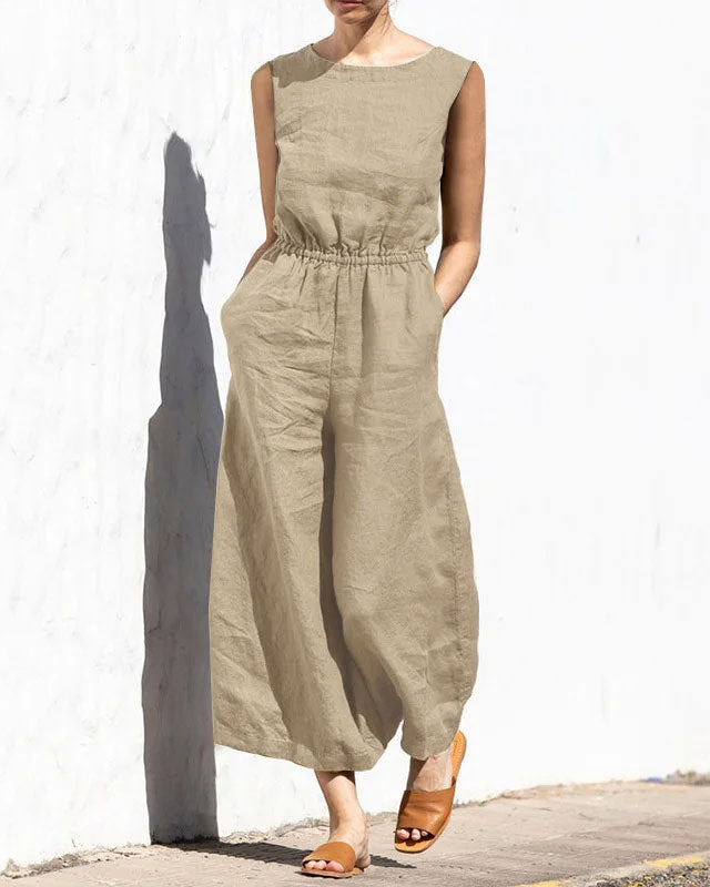 Versatile women's sleeveless wide leg jumpsuit, great for casual or dressed-up summer fashion. Comfortable.