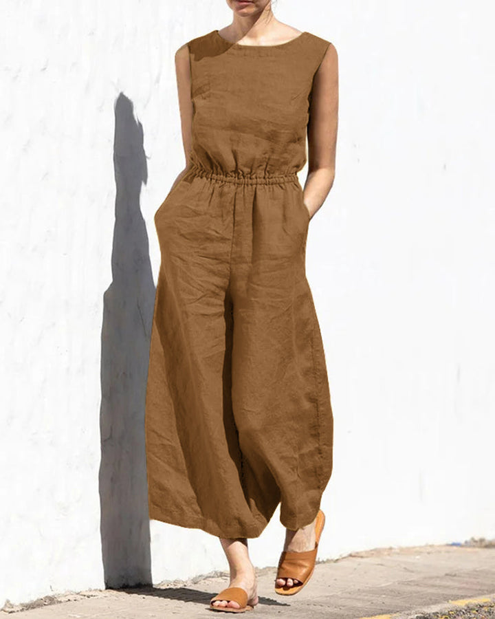 Stylish black women's sleeveless wide leg jumpsuit, a comfortable one-piece for elegant summer apparel.