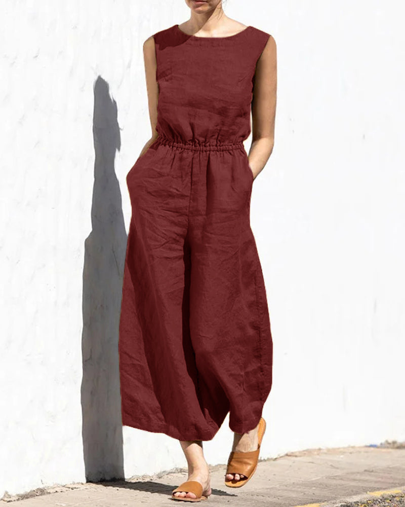 Elegant women's sleeveless wide leg jumpsuit. Perfect for chic casual one-piece summer apparel.
