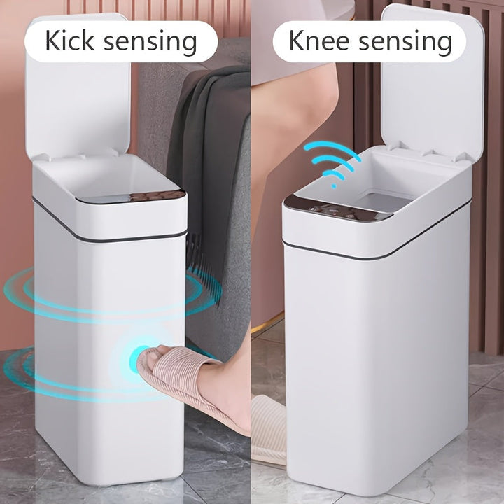 Compact 2.9 gal touch-free sensor bin, perfect for hygienic bathroom waste disposal.