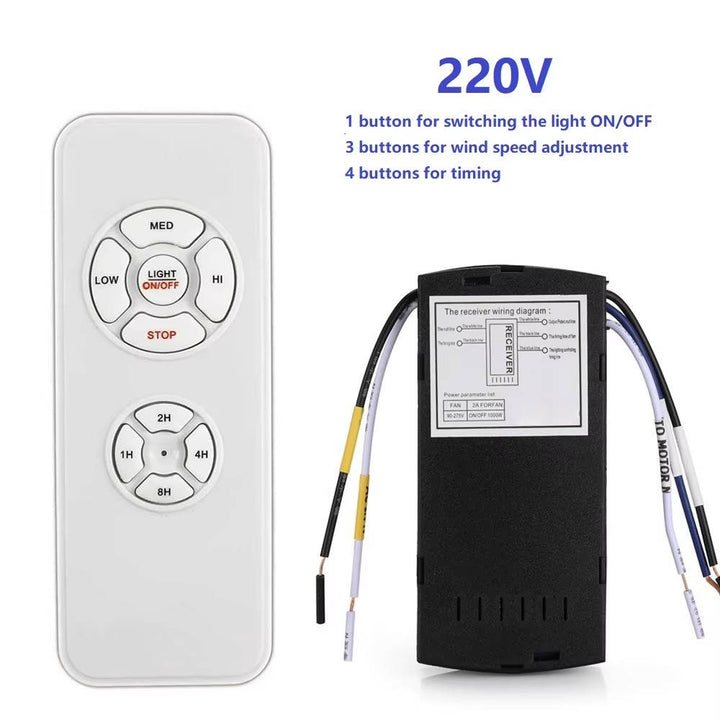 Smart universal ceiling fan remote control with sleek design, buttons for fan speed and light adjustments, compatible with Wi