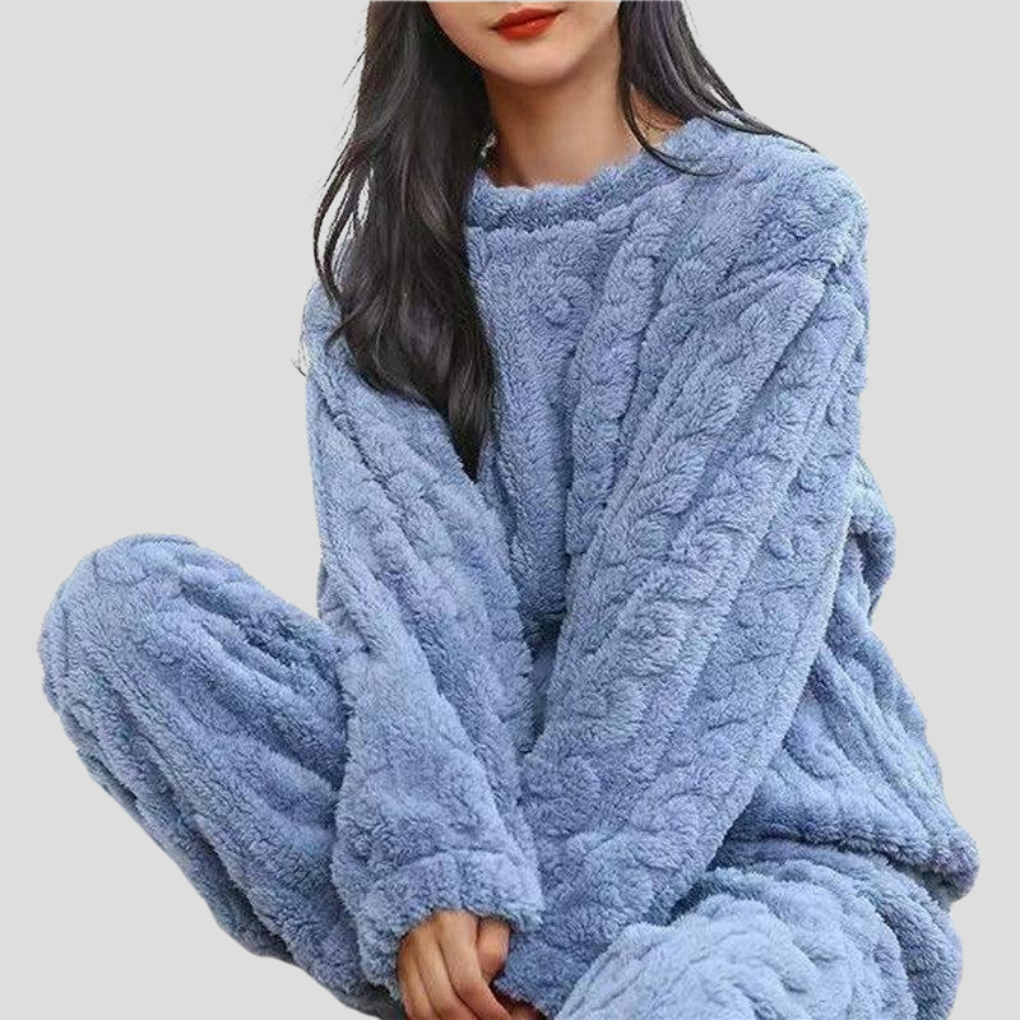 Soft plush fleece pajama set for women, perfect for cozy winter nights. Comfortable loungewear & sleepwear.