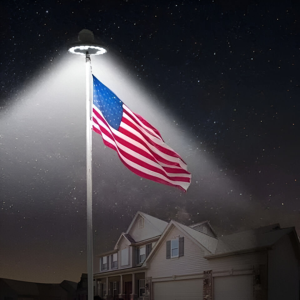 Weatherproof solar LED flagpole light, automatically turning on/off for a bright flag display.