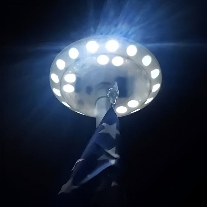 Automatic solar LED light for flagpole ensures bright nighttime flag visibility without any wires.