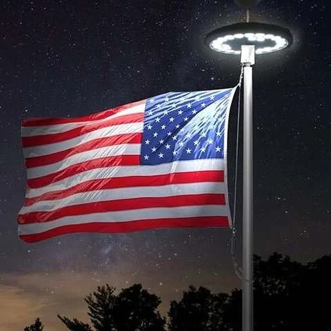 "Solar-powered LED flagpole light with 26 bright LEDs, illuminating flags at night; waterproof and easy to install."