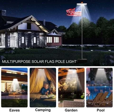 "Solar-powered LED flagpole light with 26 bright LEDs, illuminating flags at night; waterproof and easy to install."