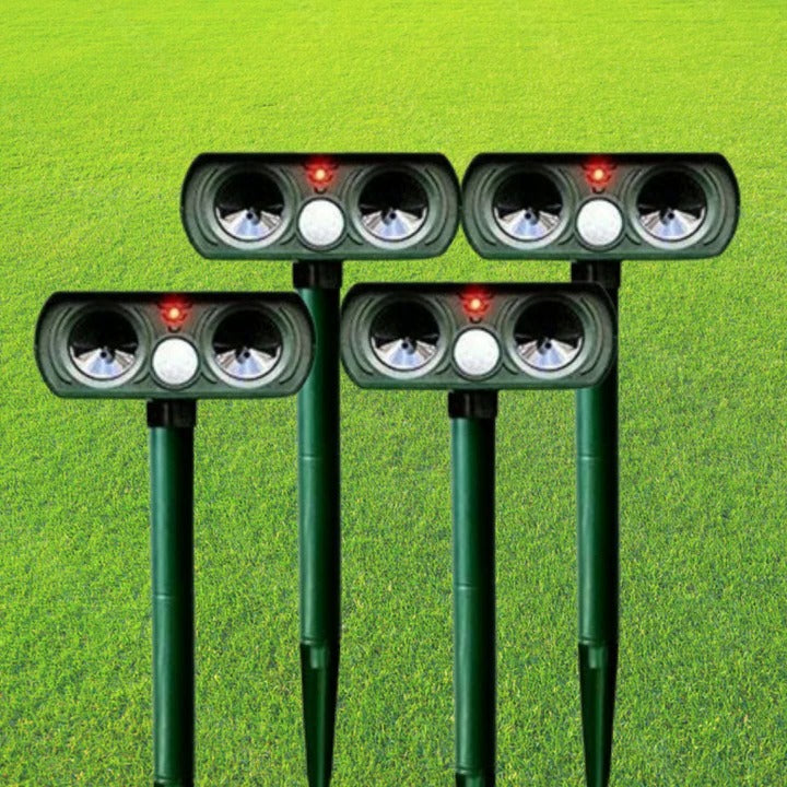 Solar-powered motion-activated animal deterrent. Ultrasonic garden protector for humane pest control & yard defense.